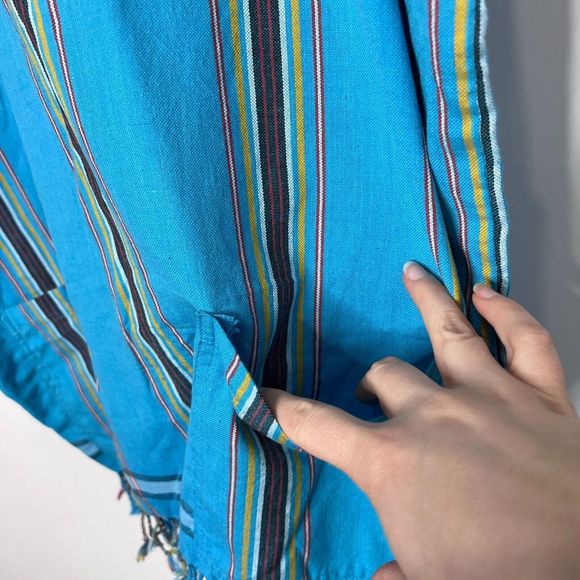 Shanzu Tunic Poncho Coverup Boho Fringe Striped Box Fit Blue Yellow Women's OS - Picture 6 of 8